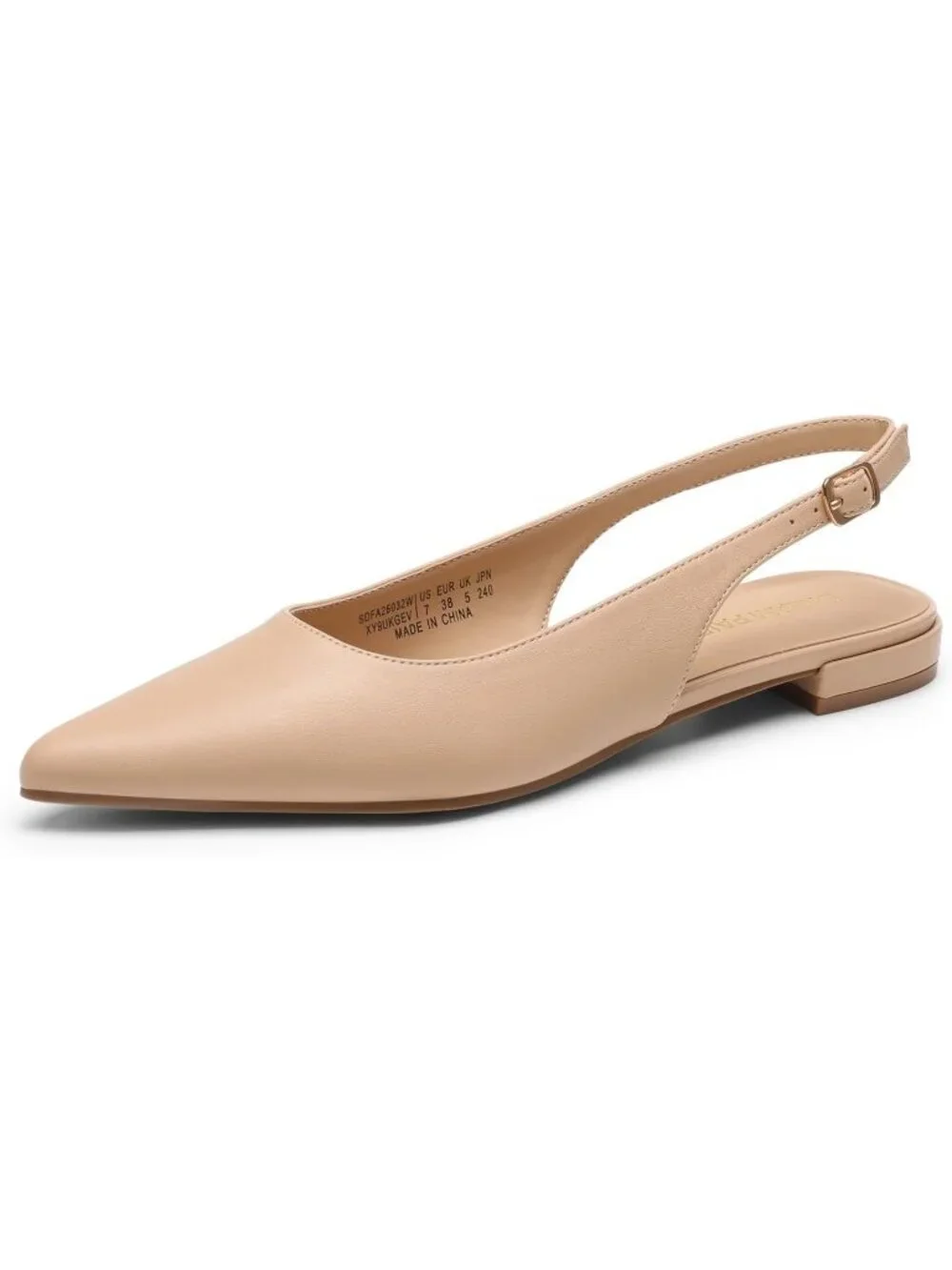 Women's Nude Leather Slingback Pointed Toe Ballet Flats Buckle Strap Dress Shoes